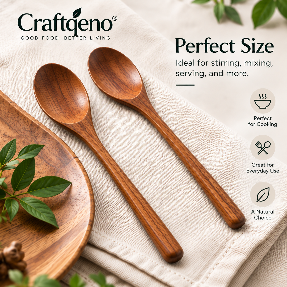 Craftqeno® 2-Piece Natural Wood Cooking Spoon Set