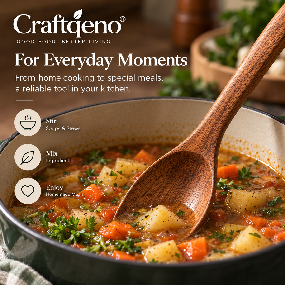 Craftqeno® 2-Piece Natural Wood Cooking Spoon Set